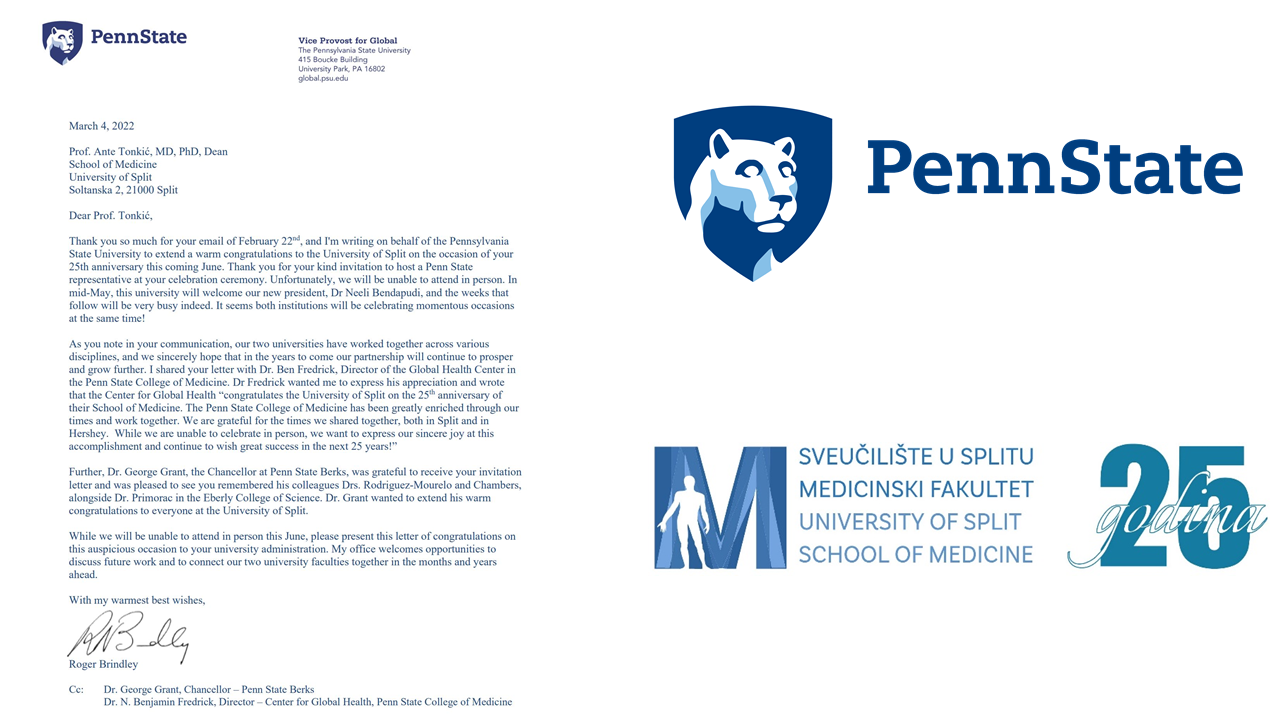 Pismo dekanu Fakulteta s Pennsylvania State University  povodom 25. godišnjice MEFST-a